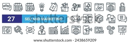 set of 27 outline web seo and marketing icons such as testimonial, calendar, subscription, guide book, digital marketing, analysis, domain, presentation vector thin line icons for web design, mobile