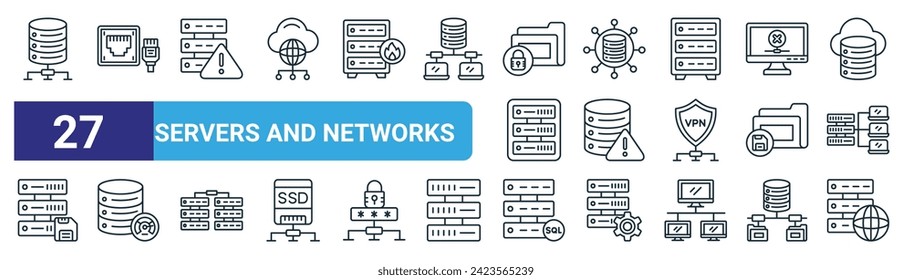 eine Reihe von 27 Rahmensymbolen für Webserver und Netzwerke wie Datenbankspeicherung, LAN-Netzwerk, Warnung, Datennetzwerk, Warnung, Leistung, sql, Hosting-Server-Vektorgrafiken für das Web-Design,