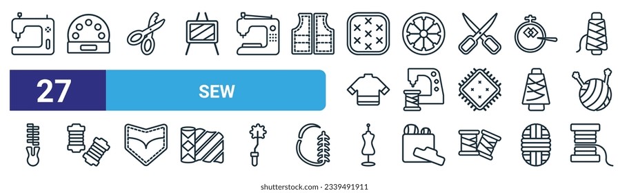 set of 27 outline web sew icons such as sewing hine, buttonhole, pinking shears, spokes, sewing clip art, thread spool, mannequin, needlework vector thin line icons for web design, mobile app.