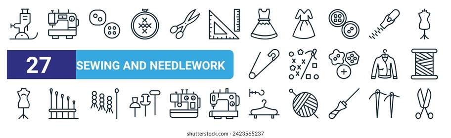 set of 27 outline web sewing and needlework icons such as sewing hine, sewing hine, clothing button, dress, patchwork, needle, hanger, thread cut vector thin line icons for web design, mobile app.