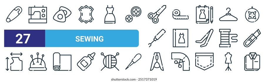 set of 27 outline web sewing icons such as safety pin, sewing hine, chalk, measure tape, magazine, pin cushion, clothes pin, shirt vector thin line icons for web design, mobile app.