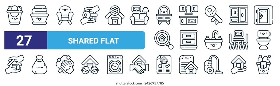 set of 27 outline web shared flat icons such as bucket, laundry, couch, kitchen, drawer, garbage, house rules, cleaning vector thin line icons for web design, mobile app.