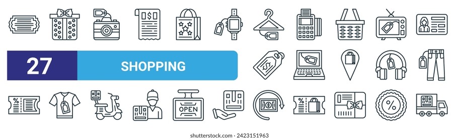 set of 27 outline web shopping icons such as label, gift box, camera, pos terminal, laptop, shirt, cashback, delivery truck vector thin line icons for web design, mobile app.