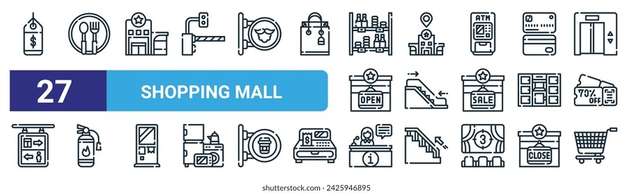 set of 27 outline web shopping mall icons such as tag, cutlery, shopping center, location, or, fire extinguisher, information, trolley cart vector thin line icons for web design, mobile app.