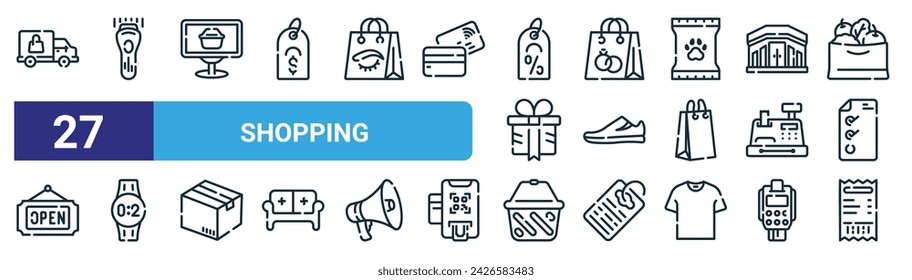 set of 27 outline web shopping icons such as delivery, barcode scanner, ecommerce, jewelry, shoes, wristwatch, shopping basket, receipt vector thin line icons for web design, mobile app.