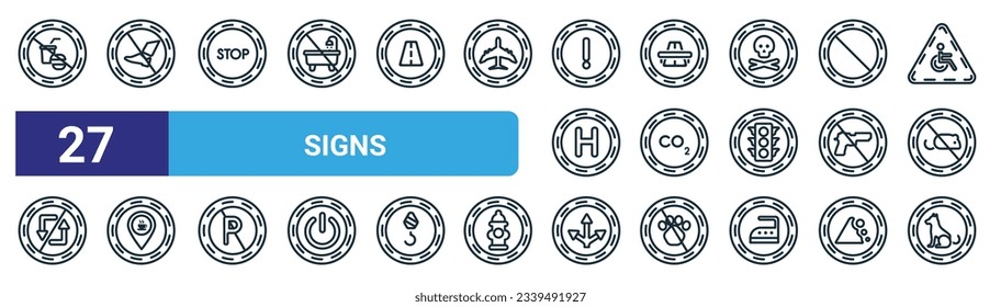 set of 27 outline web signs icons such as no food, no step, stop, bridge, co2, coffee shop, junction, pet vector thin line icons for web design, mobile app.