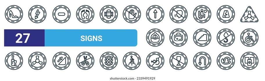 conjunto de 27 iconos de signos web de contorno como tacones altos, alto voltaje, sin entrada, sin gritos, elementos perdidos, nuclear, sin pesca, iconos de línea delgada de vector de juego para el diseño web, aplicación móvil.