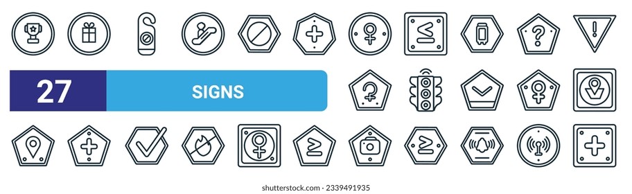 set of 27 outline web signs icons such as classroom cup, gift shop, not disturb, is less than or equal to, traffic, positive, camera, addition thick vector thin line icons for web design, mobile