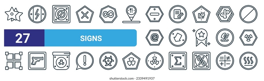 conjunto de 27 iconos de signos web de contorno como estrella favorita, corriente eléctrica, vacío, alinear, pistola, radioactivo, vectores de calor de línea delgada iconos para diseño web, aplicación móvil.
