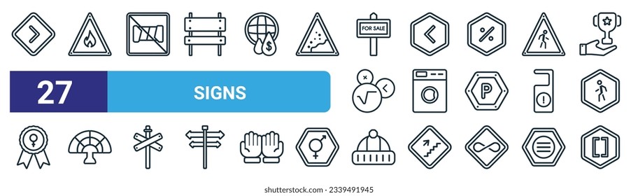 conjunto de 27 iconos de signos de la web de contorno como es menor que, fuego triangular, no girar, es mayor que, lavar la línea, ventilador asiático, sombrero de lana, corchetes agrupando iconos de línea delgada vectorial para el diseño web,