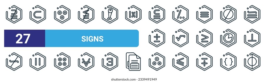set of 27 outline web signs icons such as super of above not equal to, is a sub of, because, percent for hundred, square root, is parallel to, therefore, circle with vertical line vector thin line