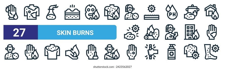 set of 27 outline web skin burns icons such as fireproof, burn, acid, beach, burn, burn, vector thin line icons for web design, mobile app.