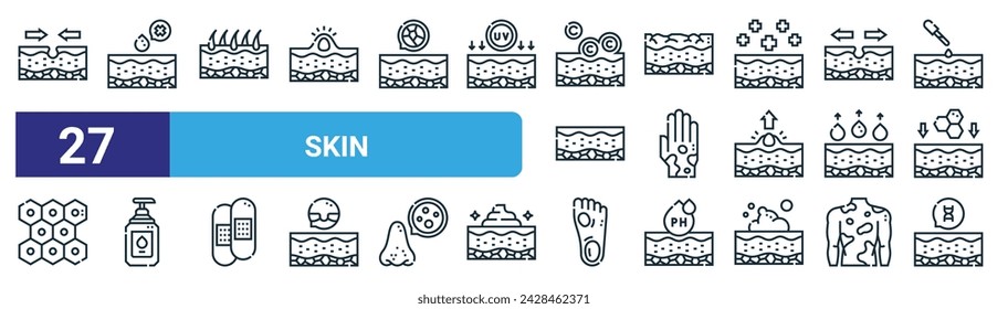 conjunto de 27 iconos de la piel de la web del contorno tales como piel apretada, piel seca, daño, erupción, aceite del cuerpo, callo, vector de adn línea delgada iconos para el diseño web, aplicación móvil.