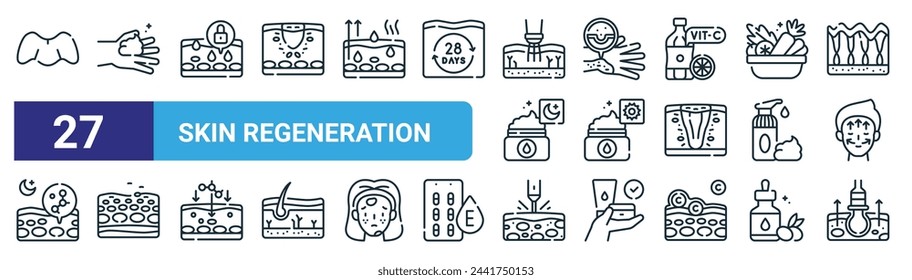 set of 27 outline web skin regeneration icons such as blackhead, lotion, moisture, dermatitis, lotion, turnover, laser, microdermabrasion vector thin line icons for web design, mobile app.