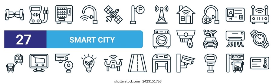 conjunto de 27 contornos web smart city iconos como , voltímetro, hine vending, casa inteligente, alarma de incendios, ecommerce, detector de metales, iconos de línea delgada vector de tarjeta de claves para el diseño web, aplicación móvil.