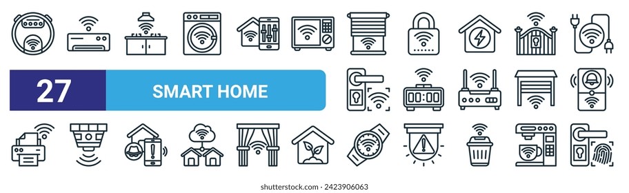 conjunto de 27 iconos web smart home como limpiador de cubos, aire acondicionado, cocina, bloqueo inteligente, reloj inteligente, detector de humo, reloj inteligente, identificación de huellas dactilares vectores iconos de línea delgada