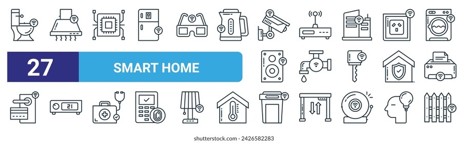 set of 27 outline web smart home icons such as commode, kitchen hood, microchip, modem, water tap, thermostat, garbage, fence vector thin line icons for web design, mobile app.