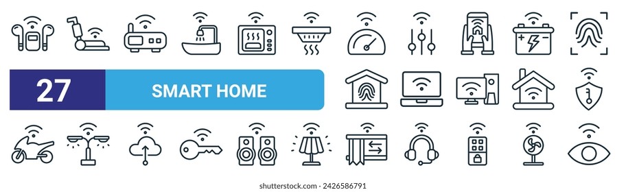 set of 27 outline web smart home icons such as wireless headphones, vacuum cleaner, router, parameters, wifi tracking, smart lamp, smart curtain, vision vector thin line icons for web design, mobile