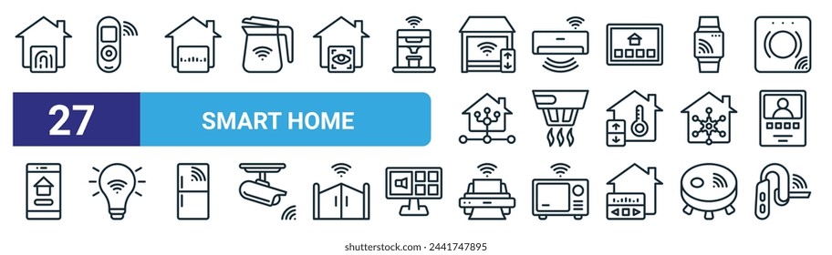 Set von 27 Outline Web Smart Home Icons wie Fingerscan, Fernbedienung, Spracherkennung, AC, Rauchmelder, Glühbirne, Drucker, Audio Head Vector Thin Line Icons für Web-Design, mobile App.