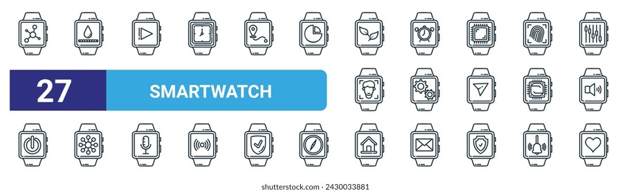 set of 27 outline web smartwatch icons such as sharing, waterproof, play, alarm, tings, sharing, home, favorite vector thin line icons for web design, mobile app.