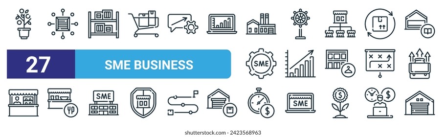 set of 27 outline web sme business icons such as plant, cargo, stock, wheel, profit, restaurant, stopwatch, warehouse vector thin line icons for web design, mobile app.