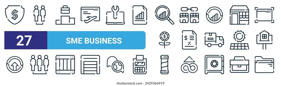 Set von 27 Skizzen Web-KMU-Business-Icons wie sichere Zahlung, Personal, Podium, Franchise, Steuern, Personal, Friseur, Datensätze Vektor dünne Linie Icons für Web-Design, mobile App.