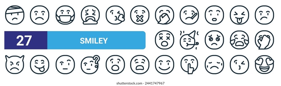 set of 27 outline web smiley icons such as hurt, sad, mask, sick, party, joke, smile, love vector thin line icons for web design, mobile app.