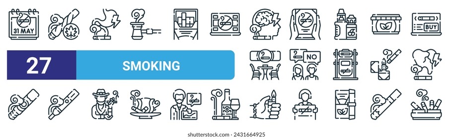 set of 27 outline web smoking icons such as no tobacco day, weed, stoh, book, no smoking, electronic cigarette, lighter, ashtray vector thin line icons for web design, mobile app.