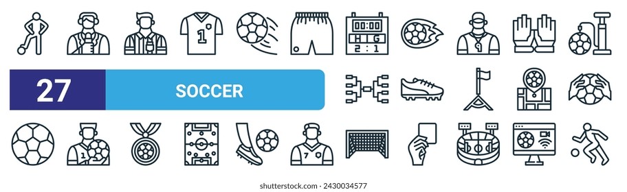 set of 27 outline web soccer icons such as soccer player, commentator, referee, kick ball, sneaker, goalkeeper, goal, soccer player vector thin line icons for web design, mobile app.