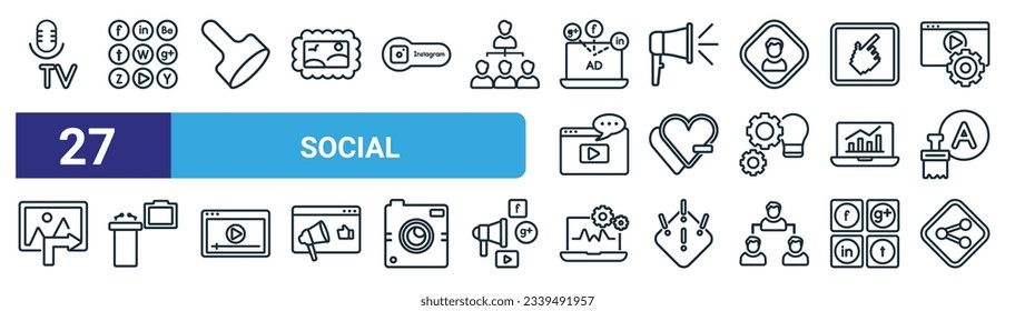 conjunto de 27 íconos web sociales como medios masivos, pisos, sellos, anuncio, dejar un tipo social, conferencia, sistema, íconos sociales normales vectoriales delgados para diseño web, aplicación móvil.