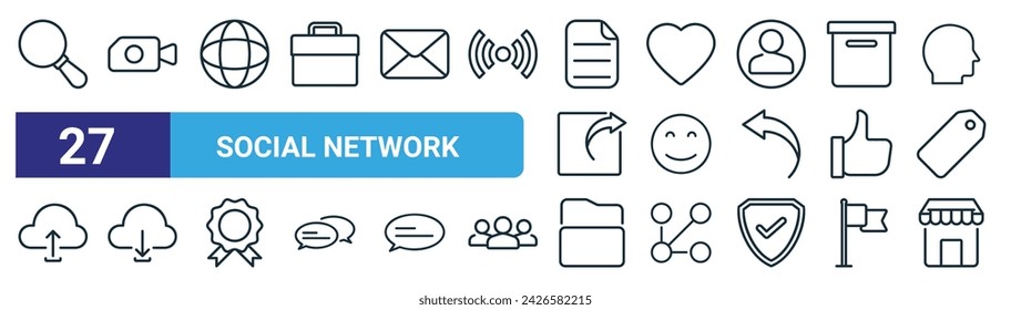 set of 27 outline web social network icons such as loupe, video camera, internet, love, smile, download, folder, marketplace vector thin line icons for web design, mobile app.