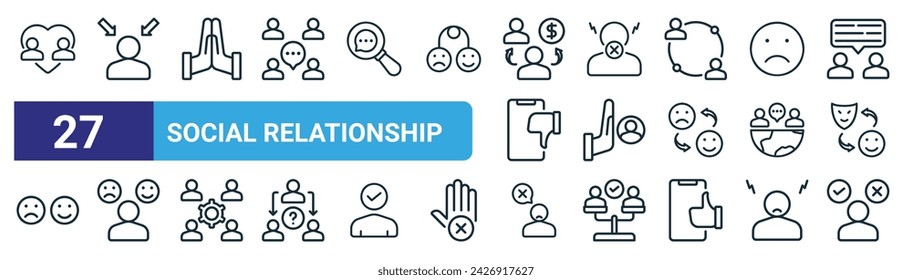 conjunto de 27 iconos de relaciones sociales web esquemáticas como amigos, presión, cinco alto, odio, excluir, estado de ánimo, matón, opciones vector de línea delgada iconos para el diseño web, aplicación móvil.