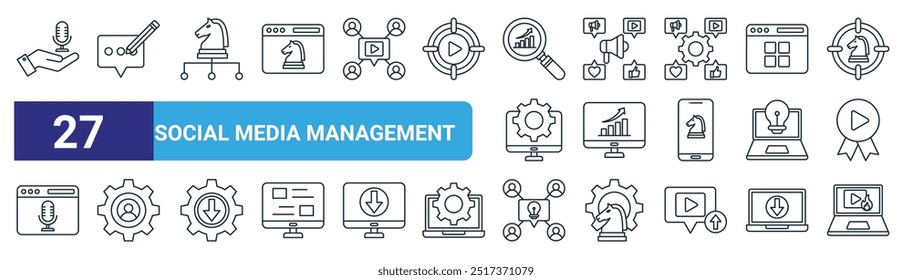 conjunto de 27 tópicos web ícones de gerenciamento de mídias sociais, como podcast, comentário, estratégia digital, gerenciamento de conteúdo, análise, perfis de usuário, marketing de mídias sociais, tendência vetor de vídeo linha fina