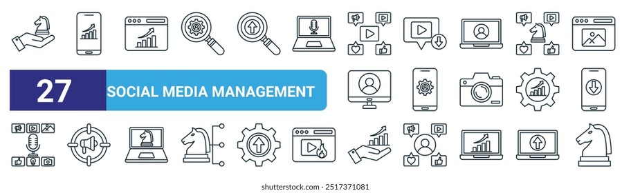 Conjunto de 27 iconos de gestión de redes sociales de Web de esquema como estrategia digital, análisis, análisis, Descarga, perfiles de usuario, marketing, análisis, Vector de estrategia digital Iconos de línea delgada para Web