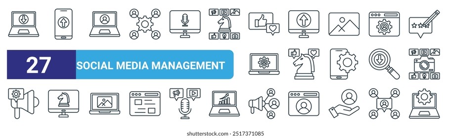 Satz von 27 Grundriss Web-Social-Media-Management-Symbole wie Download, Upload, Benutzerprofile, Upload, digitale Strategie, digitale Strategie, Social-Media-Marketing, Content-Management-System Vektor dünn