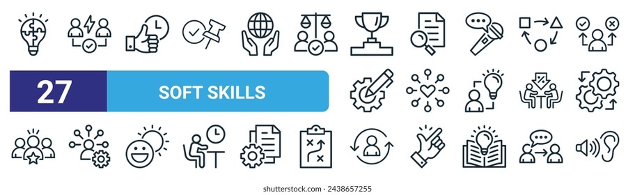 Set von 27 Skizzen Web Soft Skills Symbole wie Lösung, Konflikt-Lösung, Pünktlichkeit, Suche, Gemeinschaft, Fähigkeit, Benutzer, Hören Vektor dünne Linie Symbole für Web-Design, mobile App.