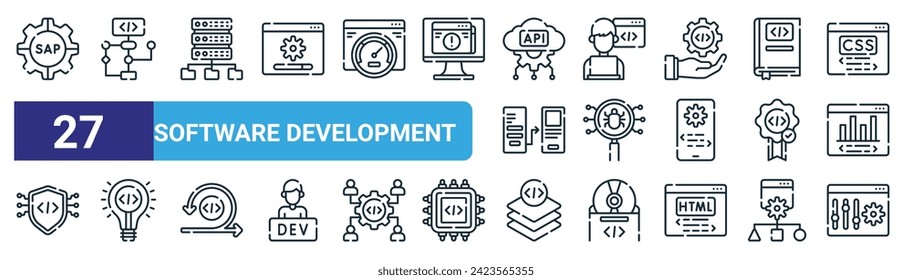 conjunto de 27 iconos de desarrollo de software web de contorno como sap, algoritmo, base de datos, programador, bug, idea, capa, iconos de línea delgada vectorial de ramas para diseño web, aplicación móvil.