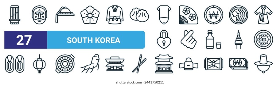 set of 27 outline web south korea icons such as gayageum, mask, hat, fan, kpop, paper lantern, hanok, hat vector thin line icons for web design, mobile app.