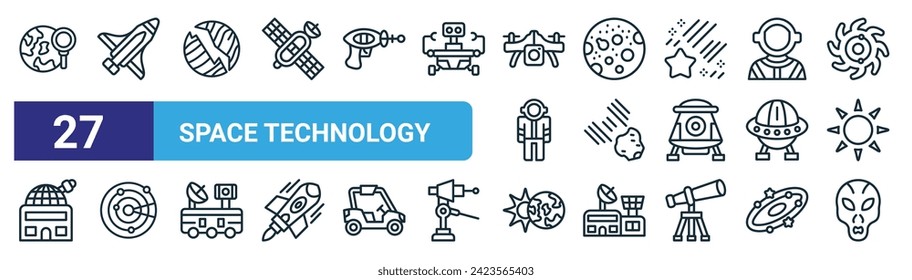 set of 27 outline web space technology icons such as research, spacecraft, destroyed, moon, meteorites, radar, eclipse, extraterrestrial vector thin line icons for web design, mobile app.