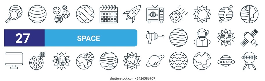 conjunto de 27 iconos esquemáticos del espacio web como investigación, neptuno, universo, asteroide, planeta, mercurio, saturno, sputnik vector de línea delgada iconos para el diseño web, aplicación móvil.