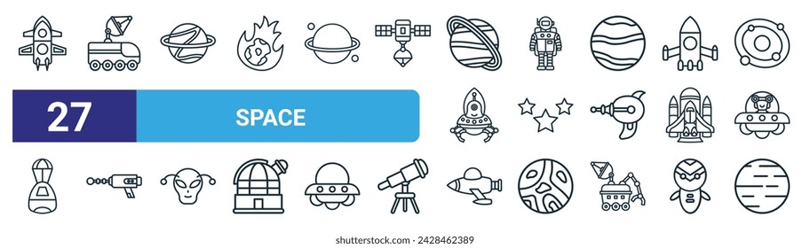 conjunto de 27 iconos esquemáticos del espacio web como cohete, , urano, astronauta, estrella, pistola láser, cohete, vector de júpiter iconos de línea delgada para el diseño web, aplicación móvil.