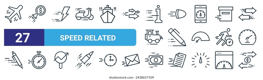 set of 27 outline web speed related icons such as airplane, ppc, lightning bolts, bullet, pen, stopwatch, payment, payment vector thin line icons for web design, mobile app.