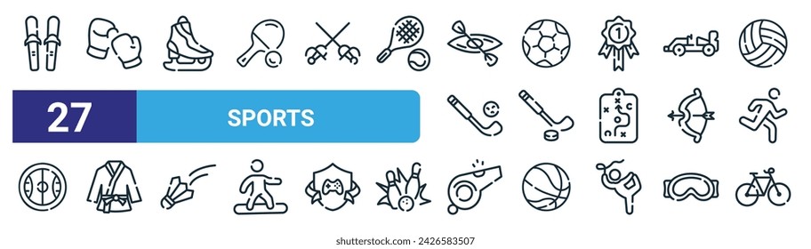 set of 27 outline web sports icons such as skiing, boxing, ice skate, football, hockey, karate, whistle, cycling vector thin line icons for web design, mobile app.