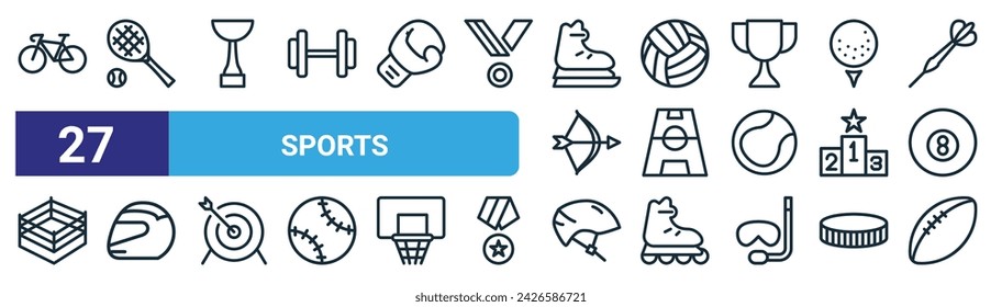 conjunto de 27 iconos de deportes web esquemáticos como bicicleta, tenis, copa, voleibol, estadio, casco, casco, vector de fútbol de línea delgada iconos para el diseño web, aplicación móvil.