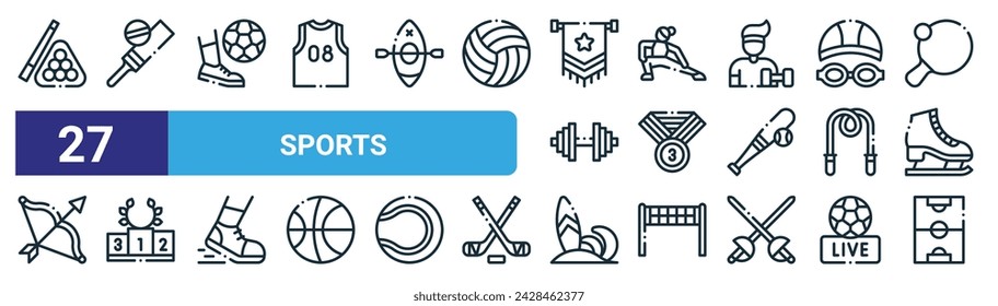 set of 27 outline web sports icons such as billiard, cricket, football, fitness, award, podium, surf, football vector thin line icons for web design, mobile app.