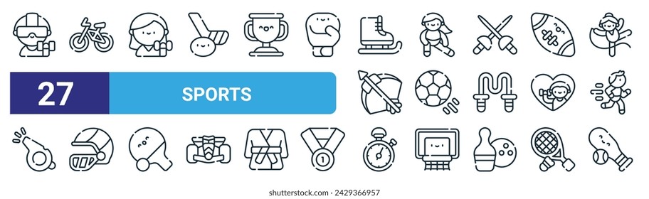 set of 27 outline web sports icons such as virtual reality fitness, cycling, female fitness, woman, football, helmet, stopwatch, baseball vector thin line icons for web design, mobile app.