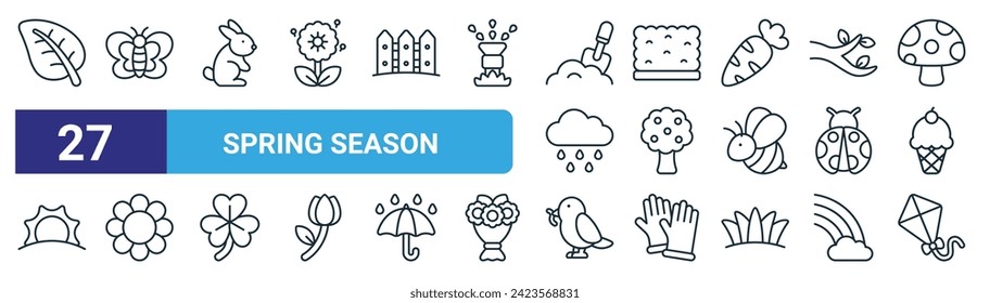 set of 27 outline web spring season icons such as leaf, butterfly, bunny, hedge, fruit tree, flower, bird, kite vector thin line icons for web design, mobile app.