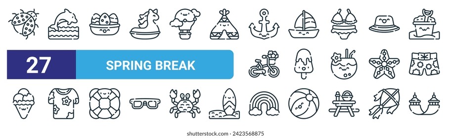 set of 27 outline web spring break icons such as ladybug, dolphin, easter, ship, ice cream, tshirt, rainbow, hammock vector thin line icons for web design, mobile app.