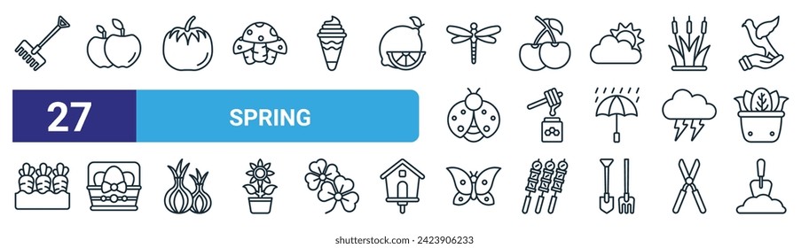 set of 27 outline web spring icons such as rake,  , tomato, cherries, honey, easter eggs, butterfly, soil vector thin line icons for web design, mobile app.