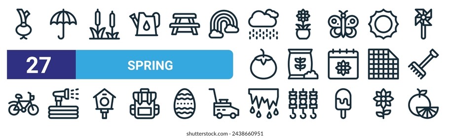 set of 27 outline web spring icons such as onion, umbrella, reeds, flower pot, fertilizer, water hose, thaw, orange vector thin line icons for web design, mobile app.